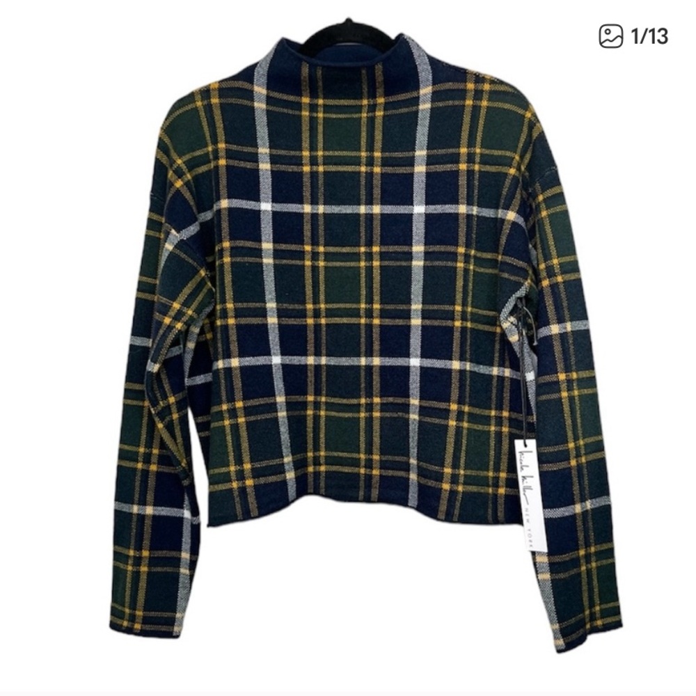 NICOLE MILLER Blue Plaid Mock Neck Pullover Sweater sz Medium